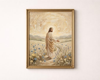 Come With Me - Jesus Walking in Wildflowers -  Christian Wall Art Print, Girly Christian Decor, Faith Based Artwork, Inspirational Bible Art