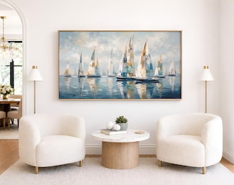 Large Wall Art Coastal Canvas Print of Sailboats in Harbor, Abstract Regatta Painting, Blue Gold Nautical Artwork, Framed Ocean Decor