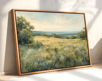 Texas Hill Country Landscape Art Canvas Print, Bluebonnet Meadow Wall Art, Large Wide Art of Western Prairie Painting, Floral Rustic Decor