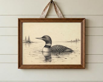 Vintage Loon Bird Sketch Print, Minimalist Spring Wall Art | Nature Line Drawing, Rustic Farmhouse Beige Decor, Printed and Shipped