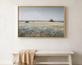 Extra Large Wall Art, Powder Blue Wildflower Meadow Landscape Painting, Hill Country Texas Canvas Print, Farmhouse Decor, Rustic Country Art