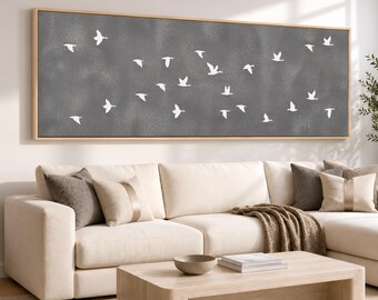 Abstract Flock of Birds Large Wide Panoramic Wall Art, Charcoal Grey Texture Background - Minimalist Canvas Art, Neutral Modern Murmuration