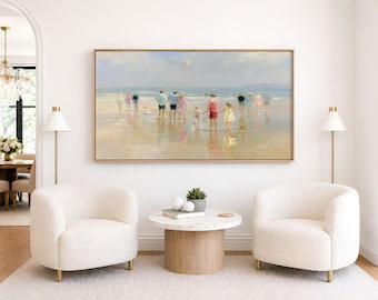 Vintage Beach Painting Canvas Print | Coastal Impressionist Abstract Print, Summer Shoreline Wall Decor - Large Wall Art