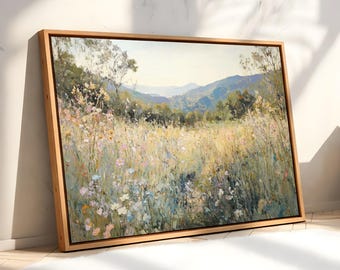 Framed Canvas Landscape, Cottagecore Field Print, Neutral Modern Farmhouse Decor, Floral Nature Artwork - Wildflower Meadow Wall Art