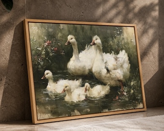 Rustic French Country Art - Vintage Duck Pond Textured Painting Style Canvas Print | Large Wall Art, Countryside Moody Nature Artwork
