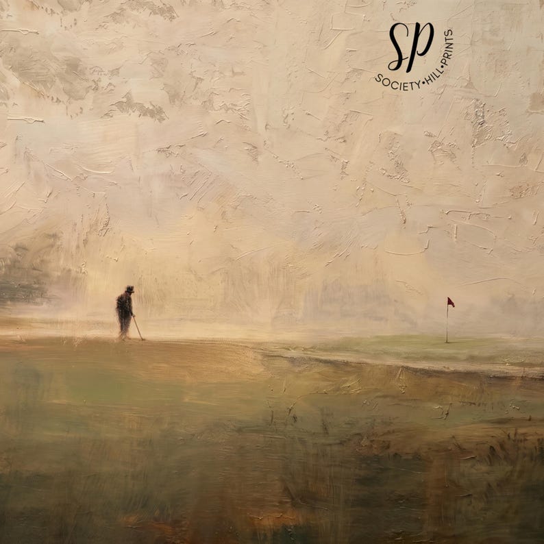Cuadro decorativo vintage de golf, obra de arte neutra para campo de golf / Arte para la entrada de la oficina, impresión en lienzo con estilo de pintura al óleo de ambiente melancólico imagen 3