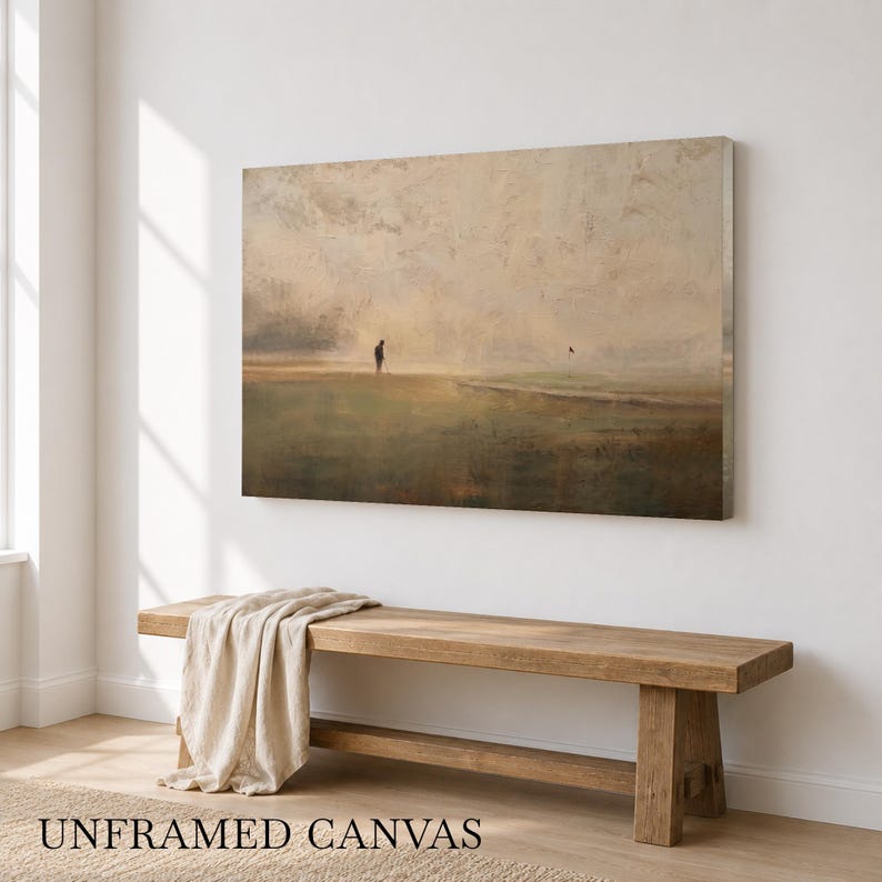 large canvas wall art of large framed canvas wall art of a vintage golfer walking across a misty foggy golf course fairway toward the flag