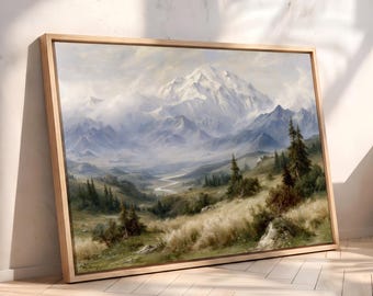 Denali Alaska Wall Art, Snow Capped Mountain Landscape Artwork, Majestic Alaskan Wilderness Valley Decor, Rustic National Park Art