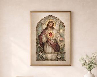 Sacred Heart of Jesus – Catholic Wall Art | Christ Print in Stained Glass Style – Christian Religious Home Decor –Faith Gift for Home