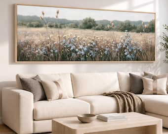 Farmhouse Botanical Wall Art, Blue Wildflower Landscape | Oil Painting Style Print on Canvas - Panoramic Wall Art