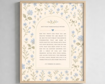 St Therese of Lisieux Wall Art - May Today There Be Peace Within | Cottagecore Catholic Wall Art - Christian Quote Artwork, Prayer Art Print