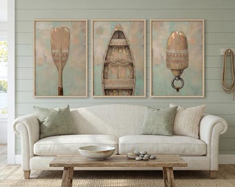 Set of 3 Lake House Wall Art –  Canoe, Oar, Buoy Brushed Artwork in Sage Green | Triptych Neutral Nautical Art - Cottage Decor Style