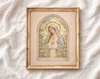 Virgin Mary Stained Glass Wall Art Print, Light Academia Christian Decor, Catholic Marian Art, Sacred Feminine Devotional Artwork