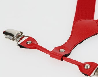 Red Children&#39;s suspenders for boys For ring bearer Wedding. Slim 1&quot; 25mm width Elastic Vintage Style Family Photography Hand made in Poland