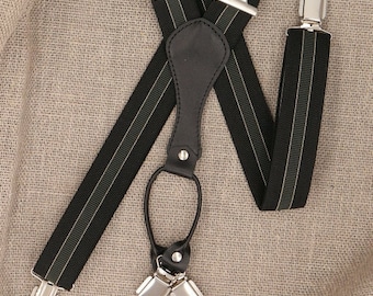 Gestreifte Schwarz / Grün Hosenträger, Jacquard Hosenträger für Herren oder Damen, handgefertigt in Polen