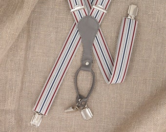 Striped Suspenders - White, Blue, and Red Elastic Braces, Handmade in Poland