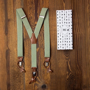 PISTACHIO GREEN SUSPENDERS – bawełniane regulowane szelki z klipsami i guzikami – idealne na wesela, dla drużbów, imprezy i na każdą okazję