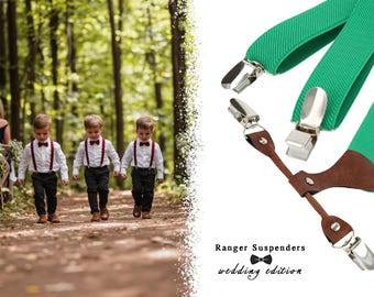 GREEN Children&#39;s suspenders for boys For ring bearer Wedding. Slim 1&quot; 25mm width Elastic Vintage Style Family Photo Hand made in Poland