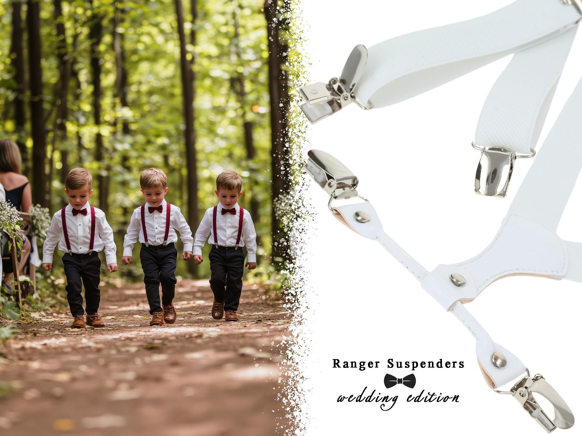 WHITE Children's suspenders for boys For ring bearer Wedding. Slim 1" 25mm width Elastic Vintage Style Family Photo Hand made in Poland