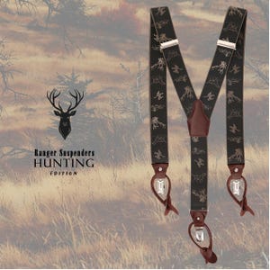 Dunkelgrüne Hosenträger Herren Handgefertigte 2in1 Knöpfe Clips Jagdmuster Perfektes Geschenk für Jäger von Waldläufer Einzigartig und stilvoll