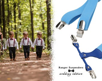 Blue Azure Children&#39;s suspenders for boys For ring bearer Wedding. Slim 1&quot; (25mm) width Elastic Vintage Style Hand made in Poland
