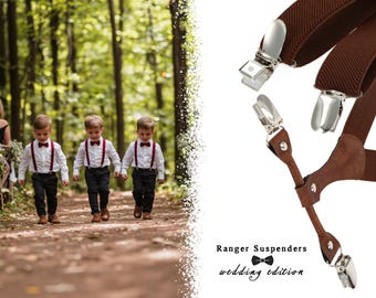 Brown Children&#39;s suspenders for boys For ring bearer Wedding. Slim 1&quot; (25mm) width Elastic Vintage Style Family session Hand made in Poland