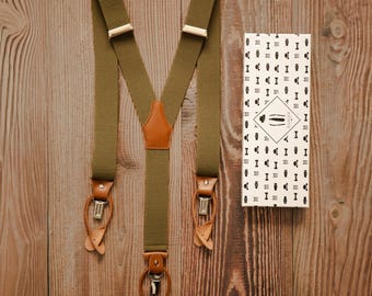 Olive Green Suspenders, 2in1 Buttons and Clips, Handmade in Poland
