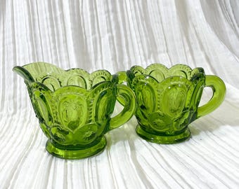 Vintage LE Smith Star & Moon Green Glass Cream + Sugar Set
