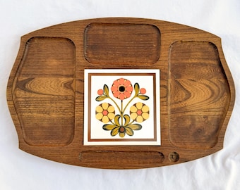Vintage MCM Gail Craft Wood Tray with Tile, Floral Centerpiece