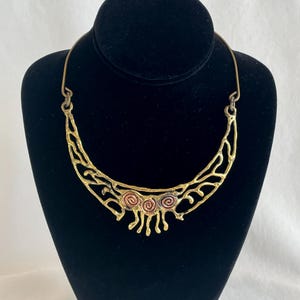 Vintage Brutalist Modernist Bib Choker Necklace, Brass Copper Abstract Drip Necklace