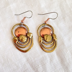 Vintage Brutalist Modernist Drop Earrings, Brass Copper Biomorphic Abstract Earrings