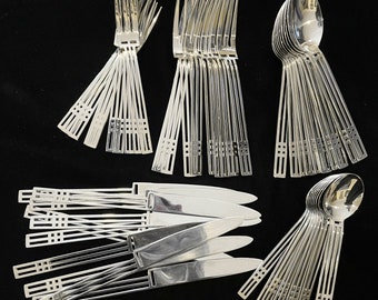 SALE Vintage Sasaki Patino Wolf Windows Stainless Flatware, 50-Piece Set