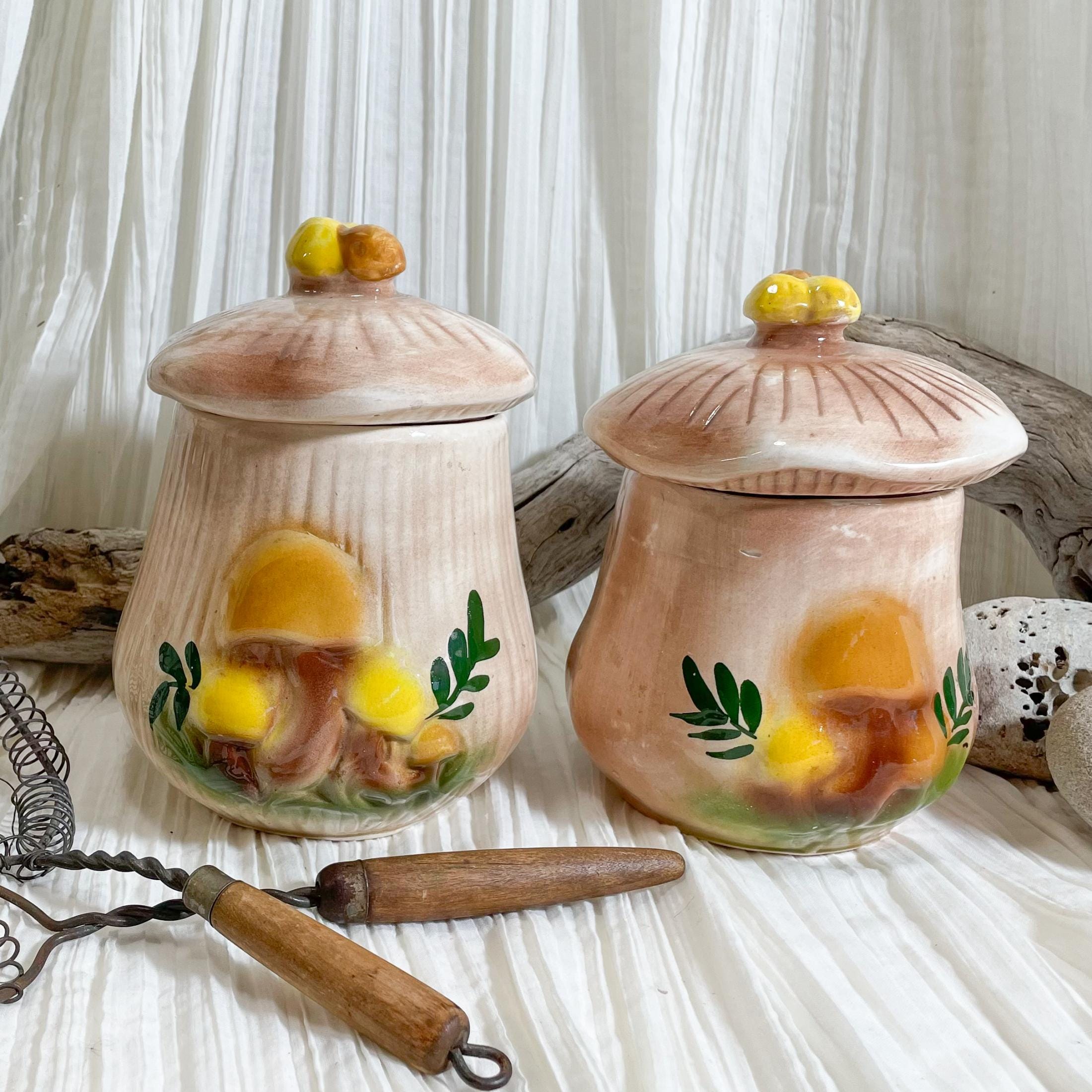 Vintage 70s Mushroom Canisters, 2 Pc Set