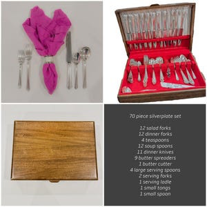 May include: A 70-piece silverplate flatware set including salad forks, dinner forks, teaspoons, soup spoons, dinner knives, butter spreaders, a butter cutter, serving spoons, serving forks, a ladle, tongs, and a small spoon in a wooden chest.