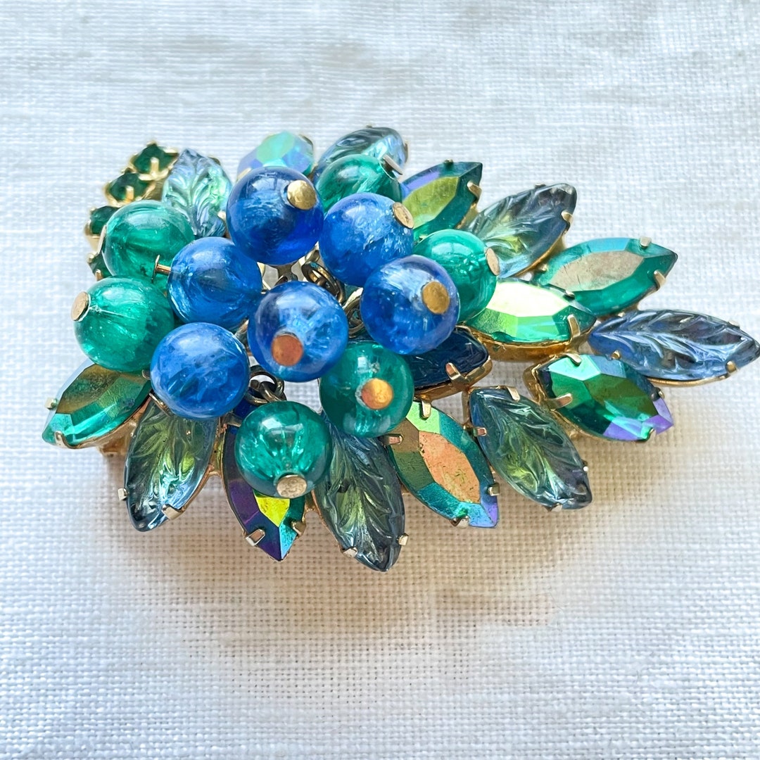 Vintage MCM Aqua/Blue Rhinestone Brooch, Aurora Borealis Marquis Stones