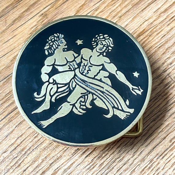 Gemini Vintage Solid Brass/black Enamel Zodiac Belt Buckle  display picture 1