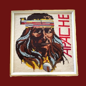 Vintage Framed Needlepoint Apache Indian Man, Framed Artwork