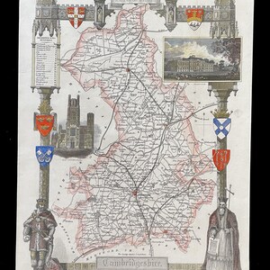 May include: Antique map of Cambridgeshire, featuring detailed cartography with roads, towns, and geographical features. The map includes illustrations of buildings, coats of arms, and figures. The title "Cambridgeshire" is displayed at the bottom.