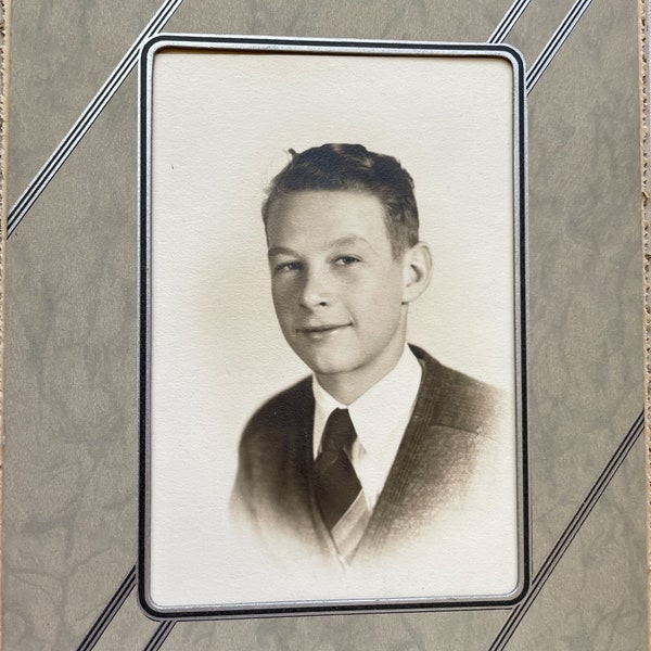 Vintage 30s/40s Teen Boy Photo, Boy in Tie Cardboard Cover Frame, Craft Scrapbook Study Prop