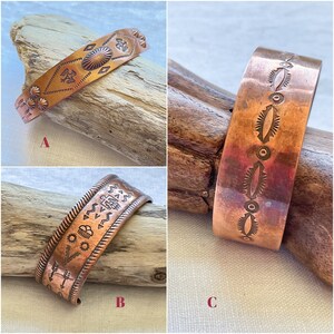 May include: Three copper bracelets with different geometric designs. The bracelets are on a wooden surface. A, B, and C are labeled on the image.