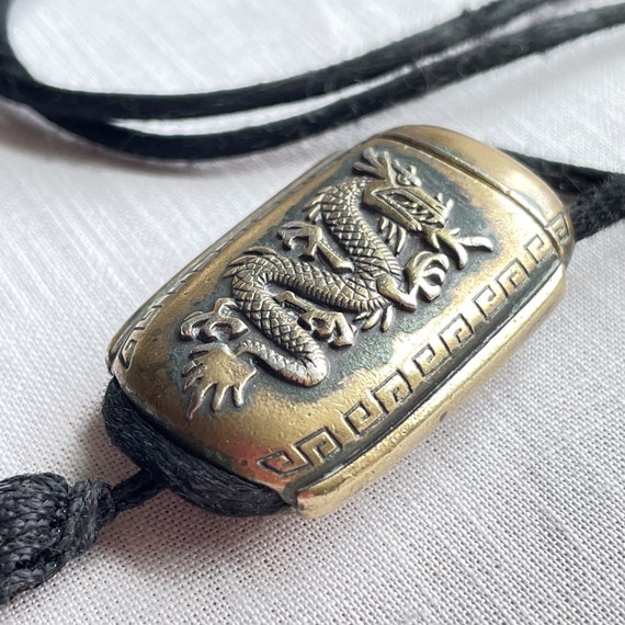 Vintage Dragon Pendant Necklace, Cord Necklace Br… - image 9