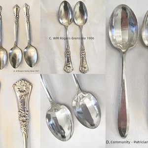 May include: A collage of six silver spoons, each with a different design and maker's mark. The spoons are arranged in three rows of two. The top row features spoons from Old Company, the middle row features spoons from W Rogers Valley Rose 1957, and the bottom row features spoons from WM Rogers Grenoble 1906 and Community - Patrician 1914.