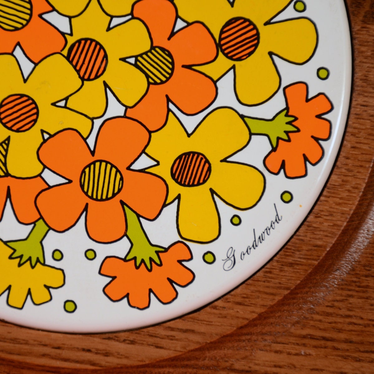 Vintage 70s Wood + Floral Ceramic Tile Serving Tray, Mid Century Serving Platter by Goodwood
