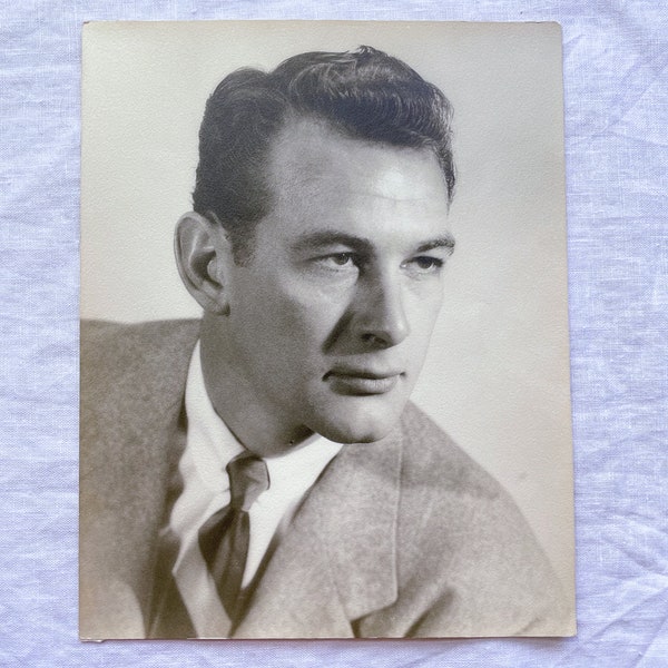 Vintage 1950s Attractive Man Studio Photo Headshot, MCM Black & White Photo, Prop Craft Scrapbook Study 7 1/2 x 9 1/2