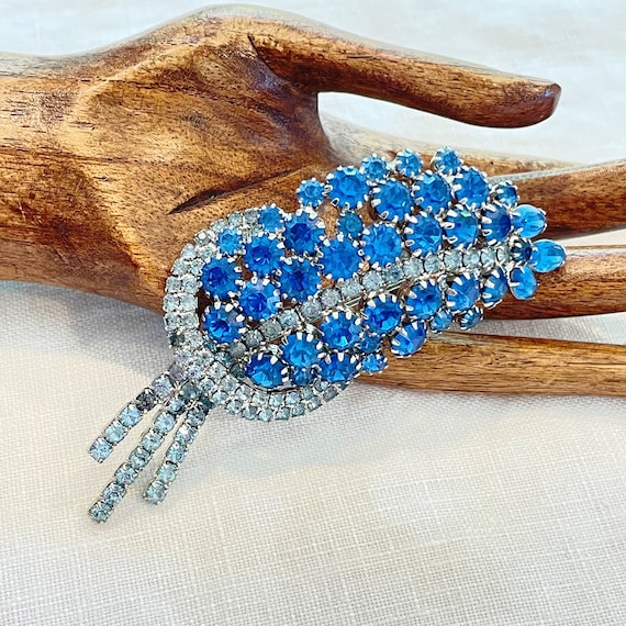 Vintage Blue Rhinestone Spray Brooch, MCM Costume 