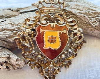 Vintage Heraldic Medallion Brooch, Coat of Arms Crown Armored Guards, Dark Academia Costume Jewelry