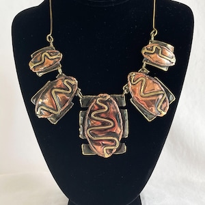 Vintage Brutalist Modernist Bib Choker Necklace, Brass Copper Abstract Necklace
