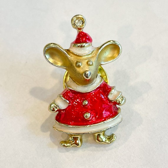 Vintage MCM Small Christmas Mouse Pin/Brooch, Gus… - image 1