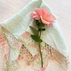 Vintage Mint Green Linen Hankie Hand Crochet Edging