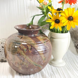 Vintage Stoneware Vase, Studio Made Brown Organic Vase, Artist Signed